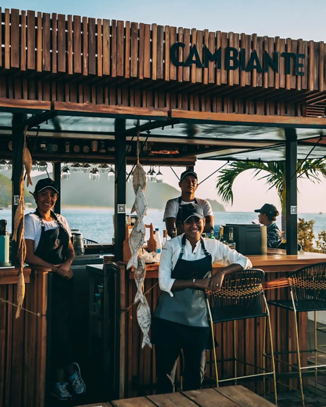 Equipo de Cambiante Marina en la barra de madera, con el mar Caribe detrás